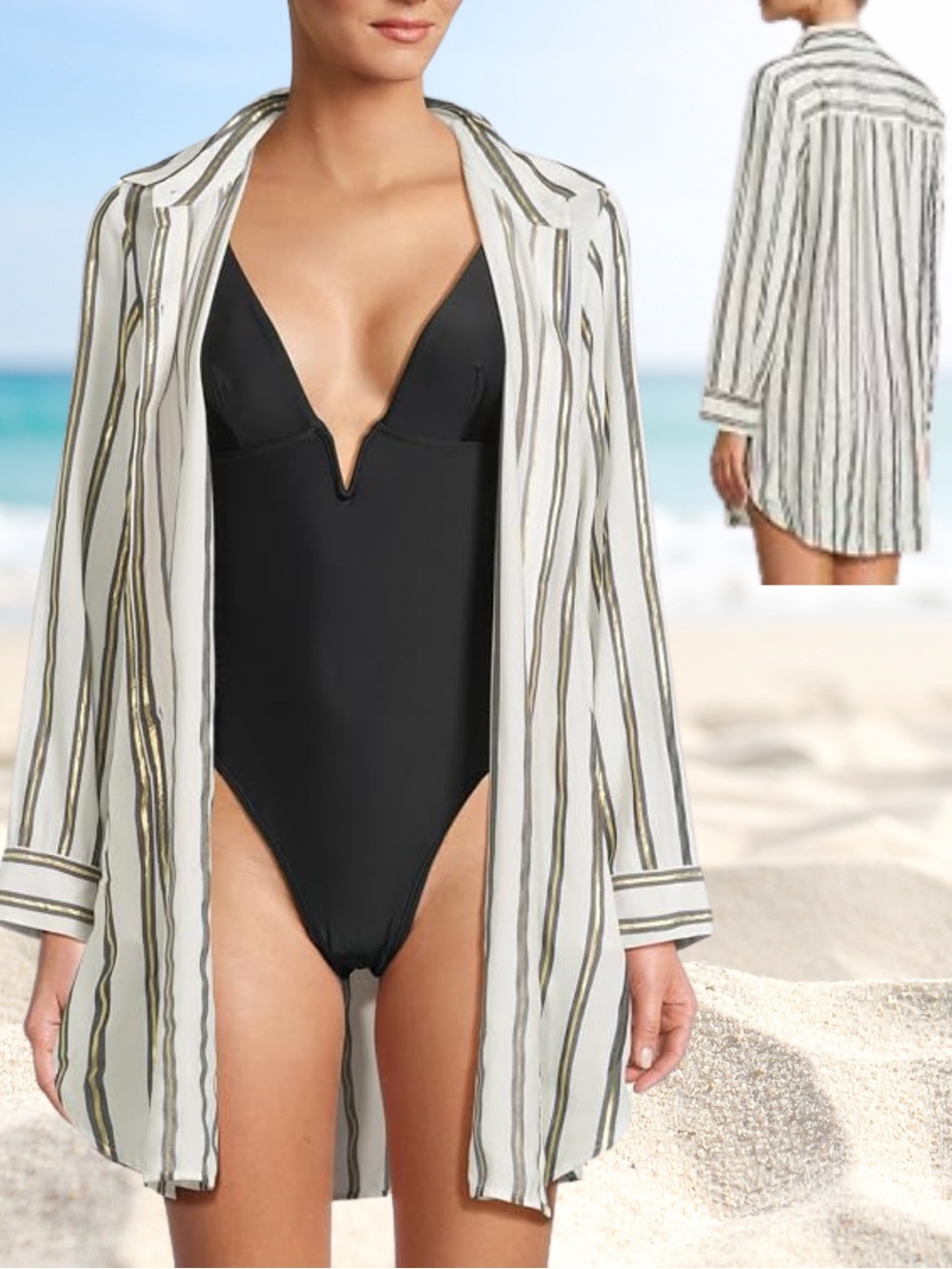 Women TOMMY BAHAMA Shimmer stripes tunic boyfriend shirt swim cover up medium